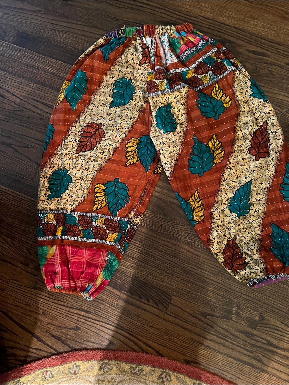 Bohemian Leaf Print Elastic Waist Track Pants - Multicolor Kantha Bae OG Harems